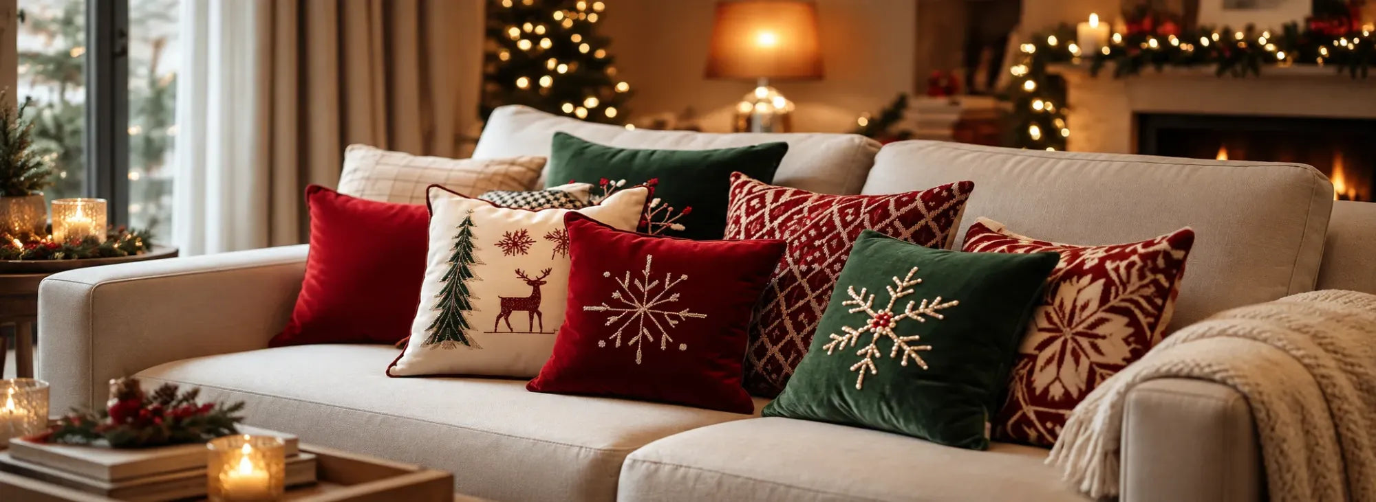 Sofá bege com almofadas de Natal vermelhas e verdes, árvore iluminada e lareira ao fundo