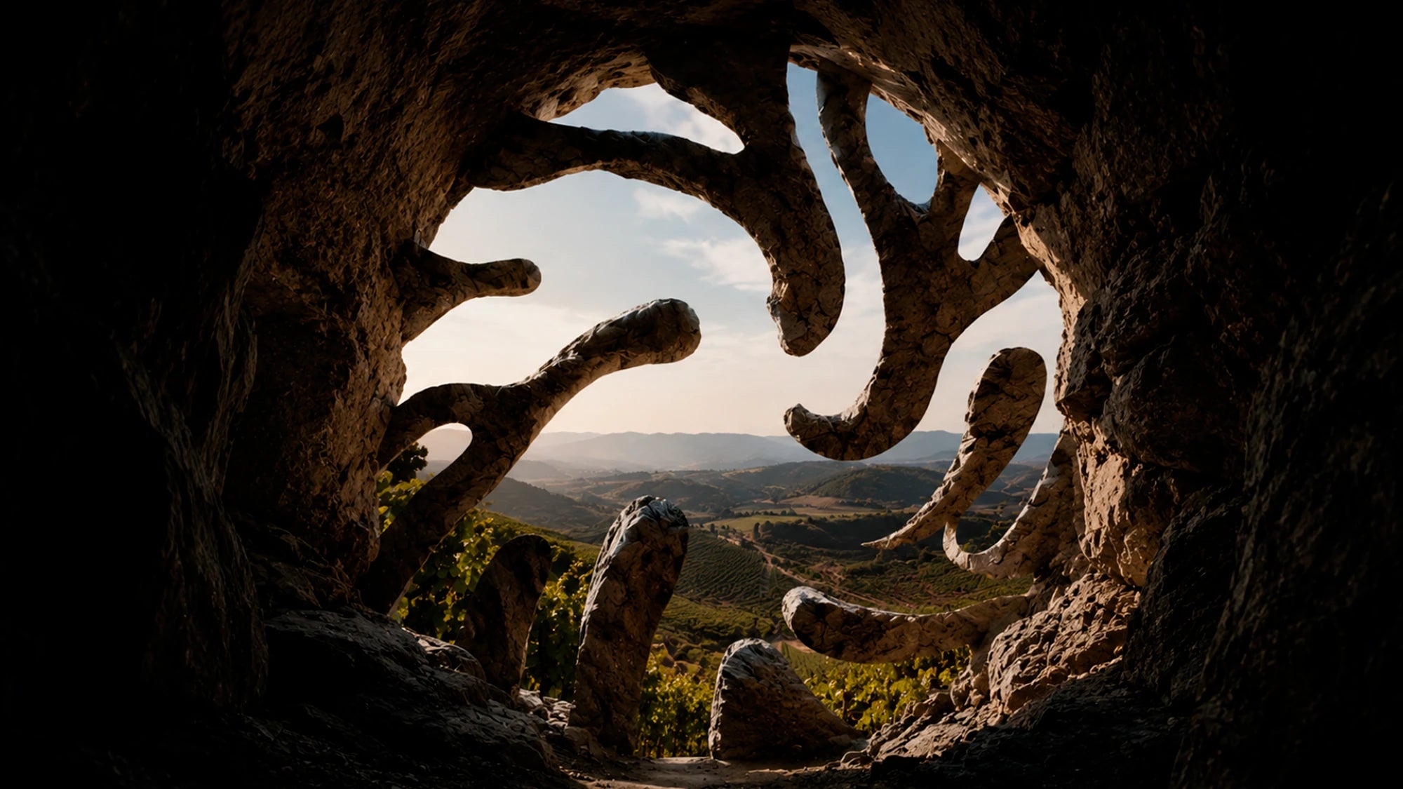 Logo da Bayoma esculpida em pedra, com vista para um vinhedo ao entardecer